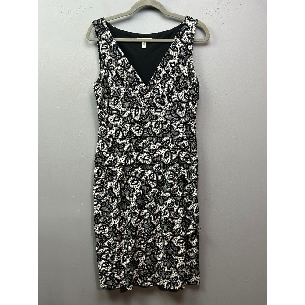 London Style Collection Dress Womens 8 Black White Lace‎ Sheath Tiered V-Neck